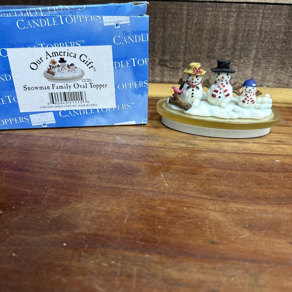 Our America Candle Jar Oval Topper Snowman Family In Box